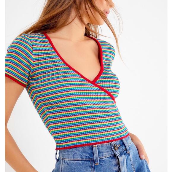 Urban Outfitters Rainbow Striped Surplice Sweater Size S - Picture 1 of 8